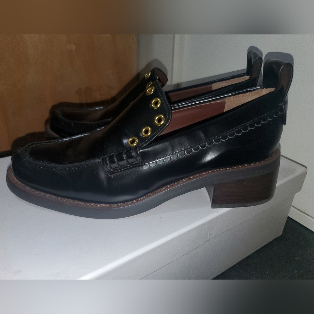 See by Chloe Leather Studded Stacked Heel Loafers RARE Black Colorway